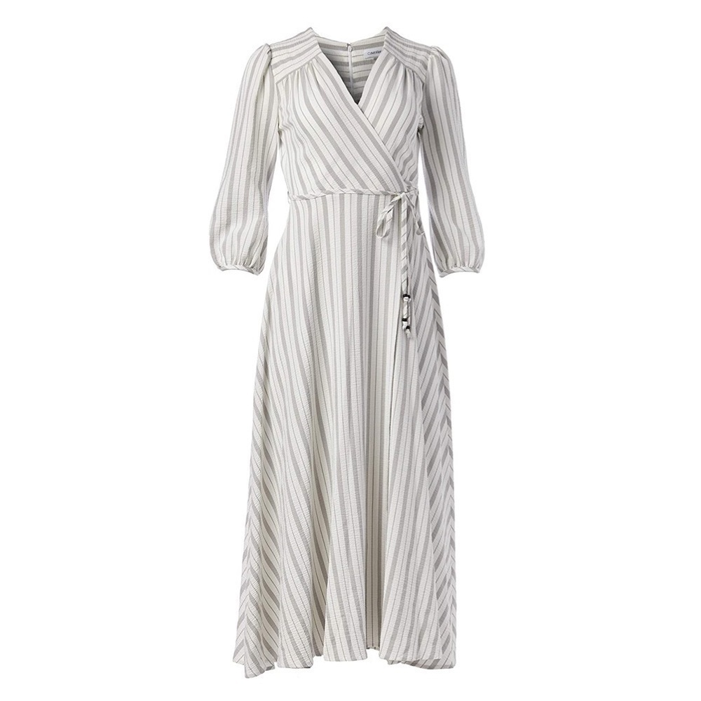 CALVIN KLEIN Stripped Wrap Maxi Dress with Elbow Puff Sleeve Ivory Grey size 12.